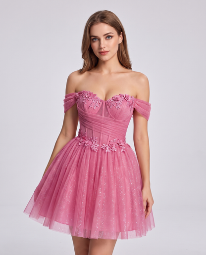 Glitter Tulle Off-the-Shoulder Sweetheart A-Line Mini Dress with Floral Appliqués for Prom, Party, Cocktail, Evening & Weddin