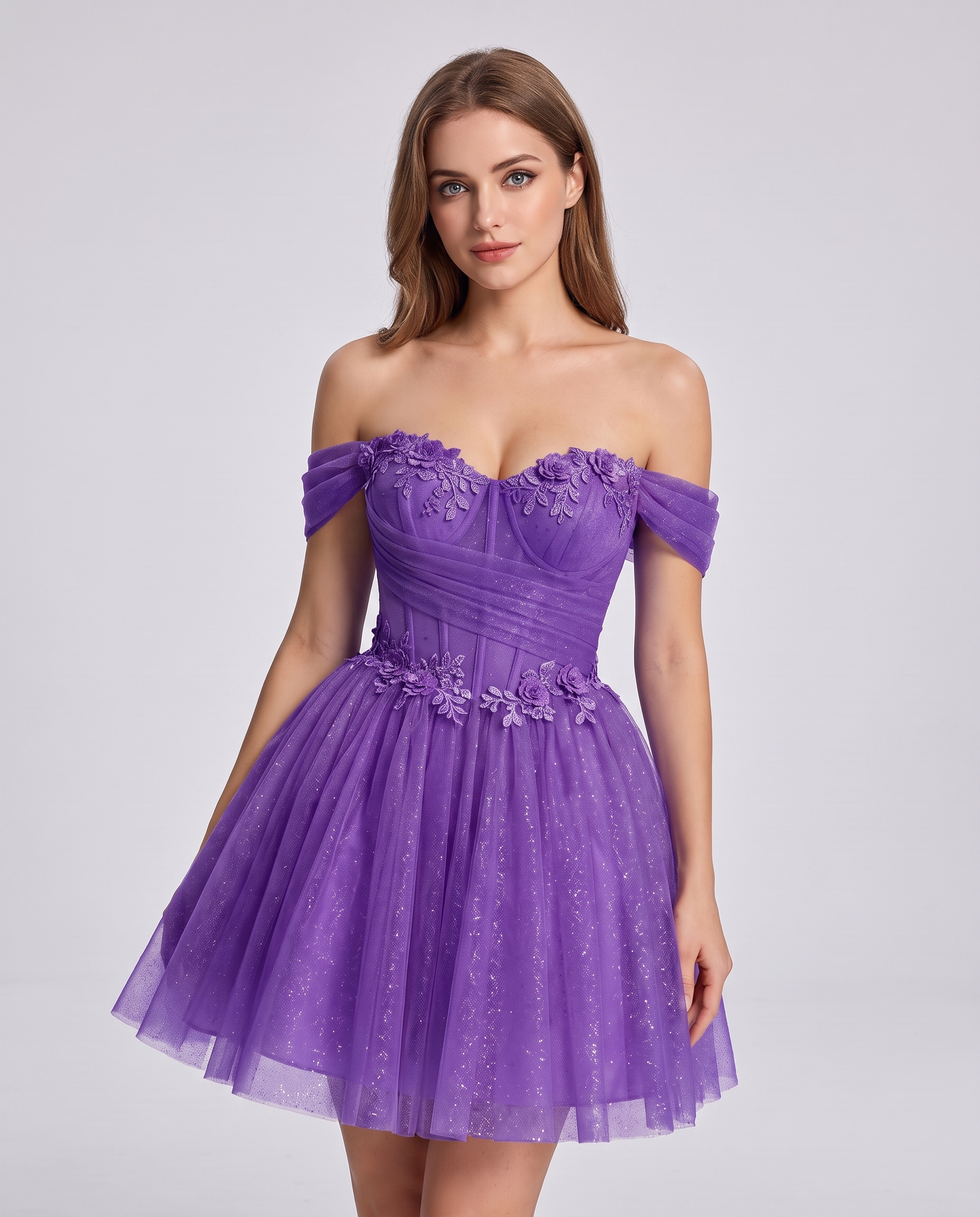 Glitter Tulle Off-the-Shoulder Sweetheart A-Line Mini Dress with Floral Appliqués for Prom, Party, Cocktail, Evening & Weddin