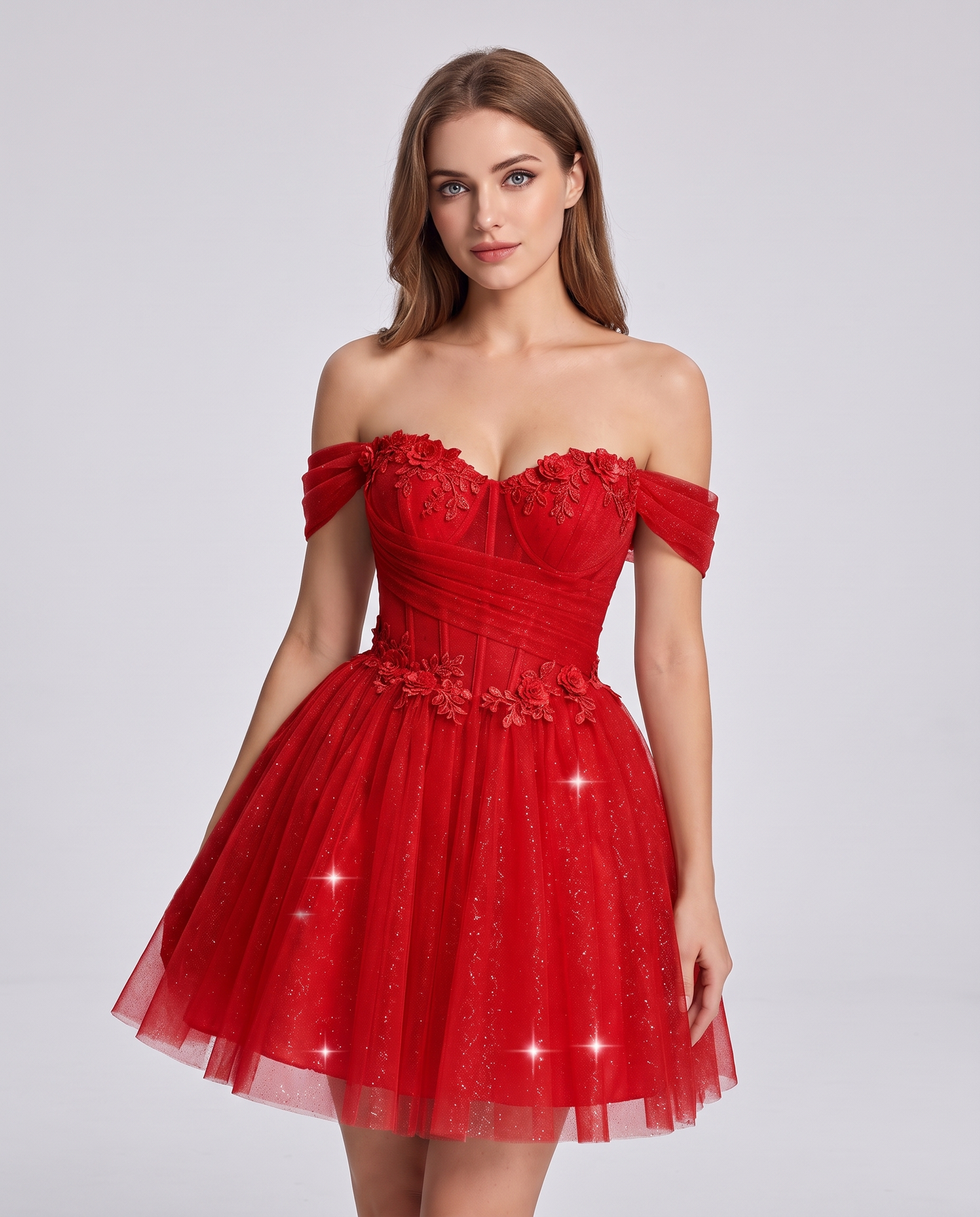 Glitter Tulle Off-the-Shoulder Sweetheart A-Line Mini Dress with Floral Appliqués for Prom, Party, Cocktail, Evening & Weddin