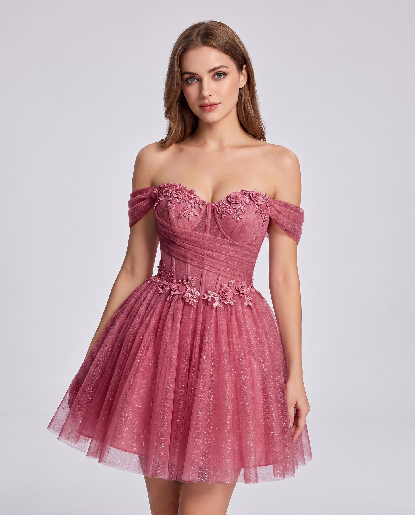 Glitter Tulle Off-the-Shoulder Sweetheart A-Line Mini Dress with Floral Appliqués for Prom, Party, Cocktail, Evening & Weddin