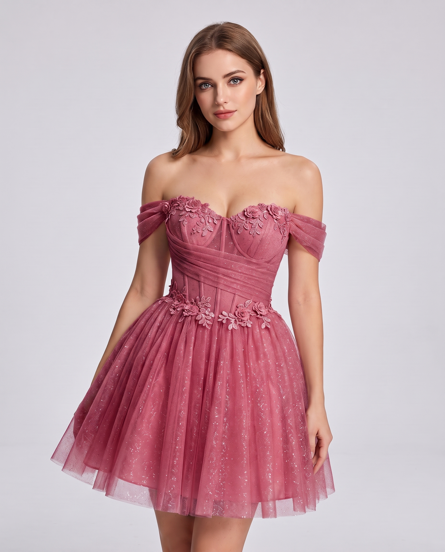 Glitter Tulle Off-the-Shoulder Sweetheart A-Line Mini Dress with Floral Appliqués for Prom, Party, Cocktail, Evening & Weddin