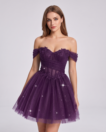 Glitter Tulle Off-the-Shoulder Sweetheart A-Line Mini Dress with Floral Appliqués for Prom, Party, Cocktail, Evening & Weddin