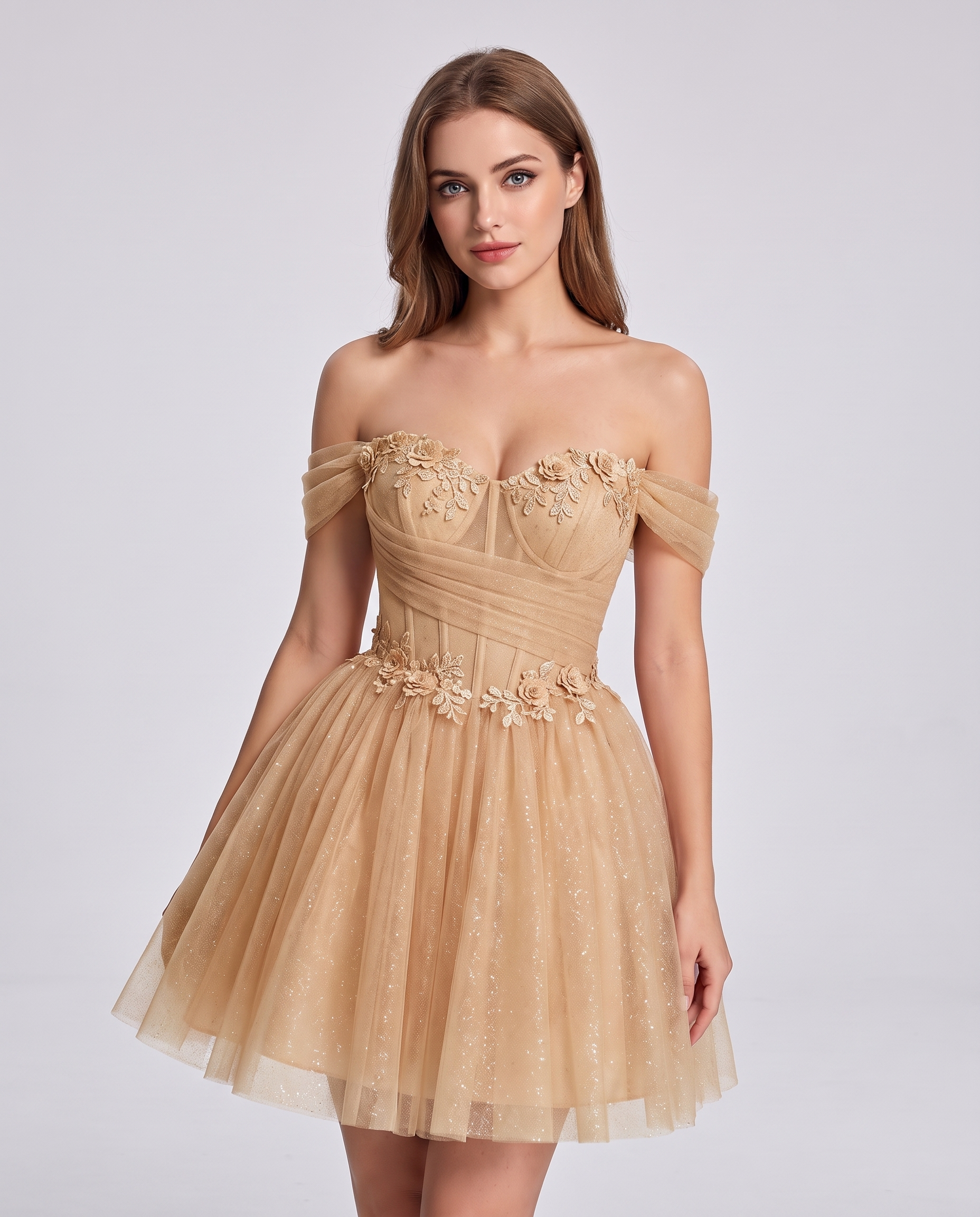 Glitter Tulle Off-the-Shoulder Sweetheart A-Line Mini Dress with Floral Appliqués for Prom, Party, Cocktail, Evening & Weddin
