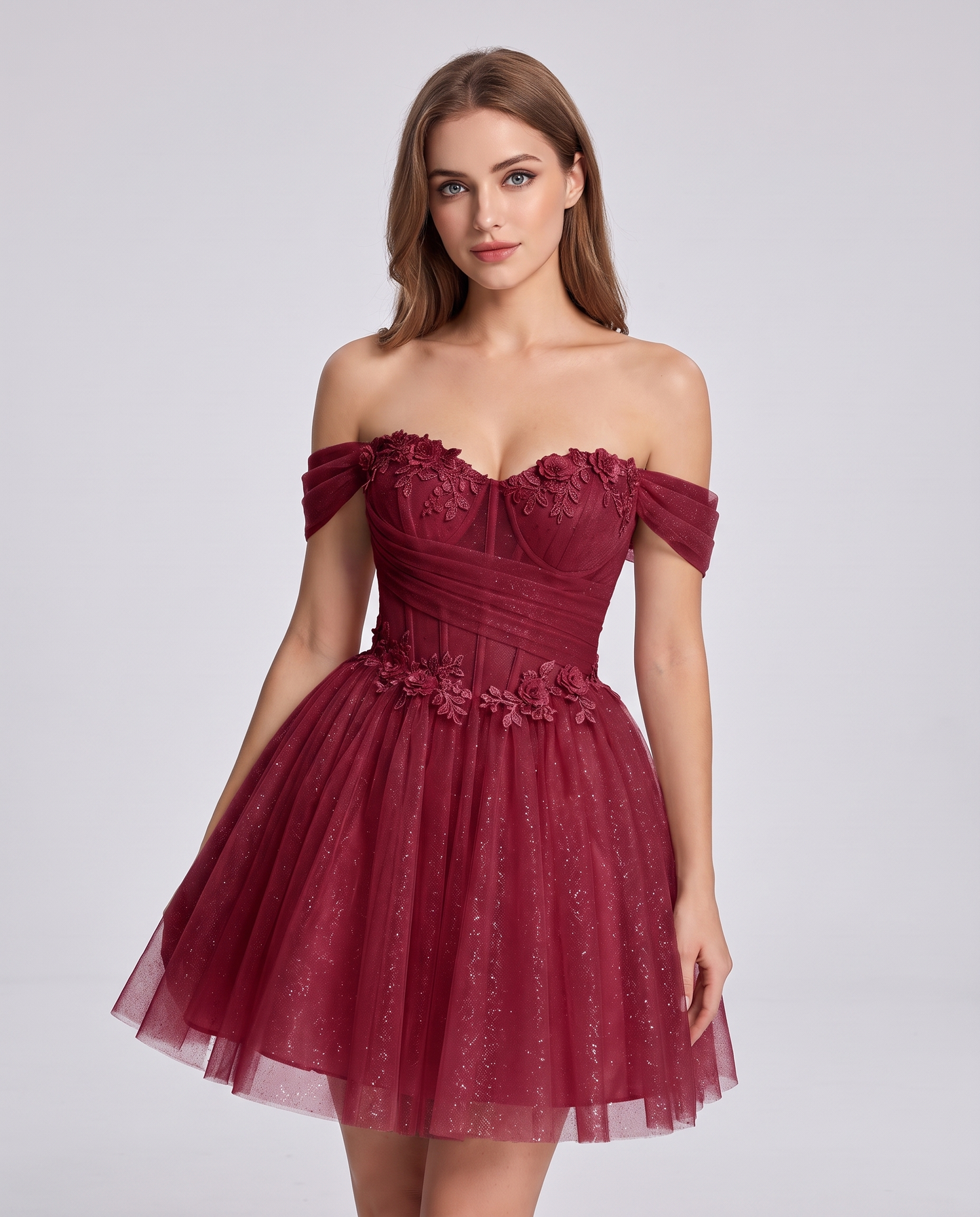 Glitter Tulle Off-the-Shoulder Sweetheart A-Line Mini Dress with Floral Appliqués for Prom, Party, Cocktail, Evening & Weddin