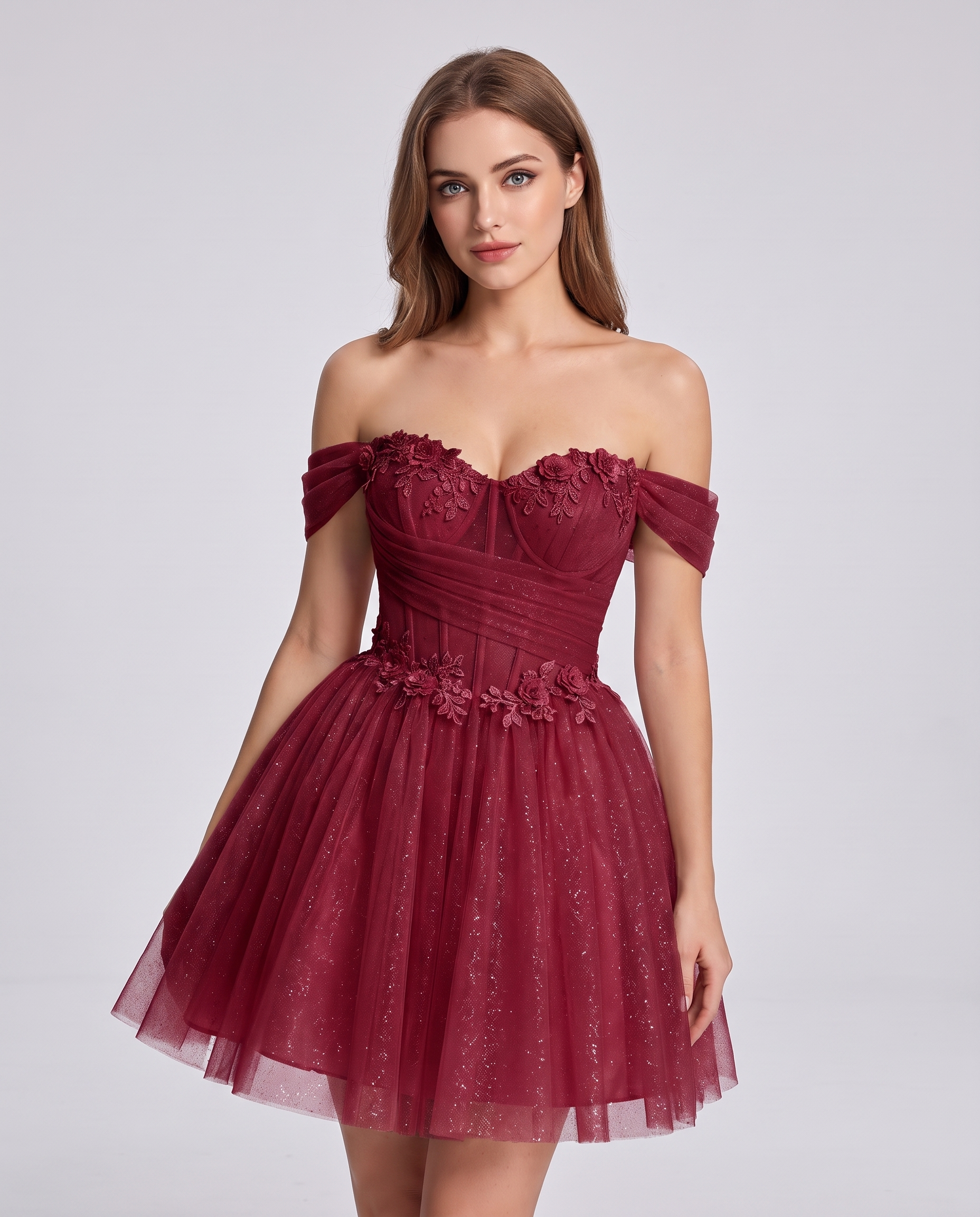 Glitter Tulle Off-the-Shoulder Sweetheart A-Line Mini Dress with Floral Appliqués for Prom, Party, Cocktail, Evening & Weddin