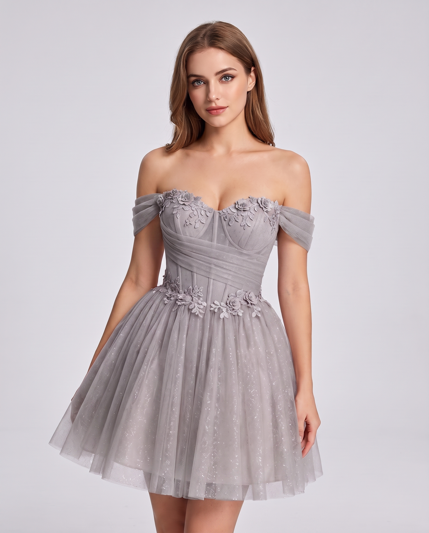 Glitter Tulle Off-the-Shoulder Sweetheart A-Line Mini Dress with Floral Appliqués for Prom, Party, Cocktail, Evening & Weddin