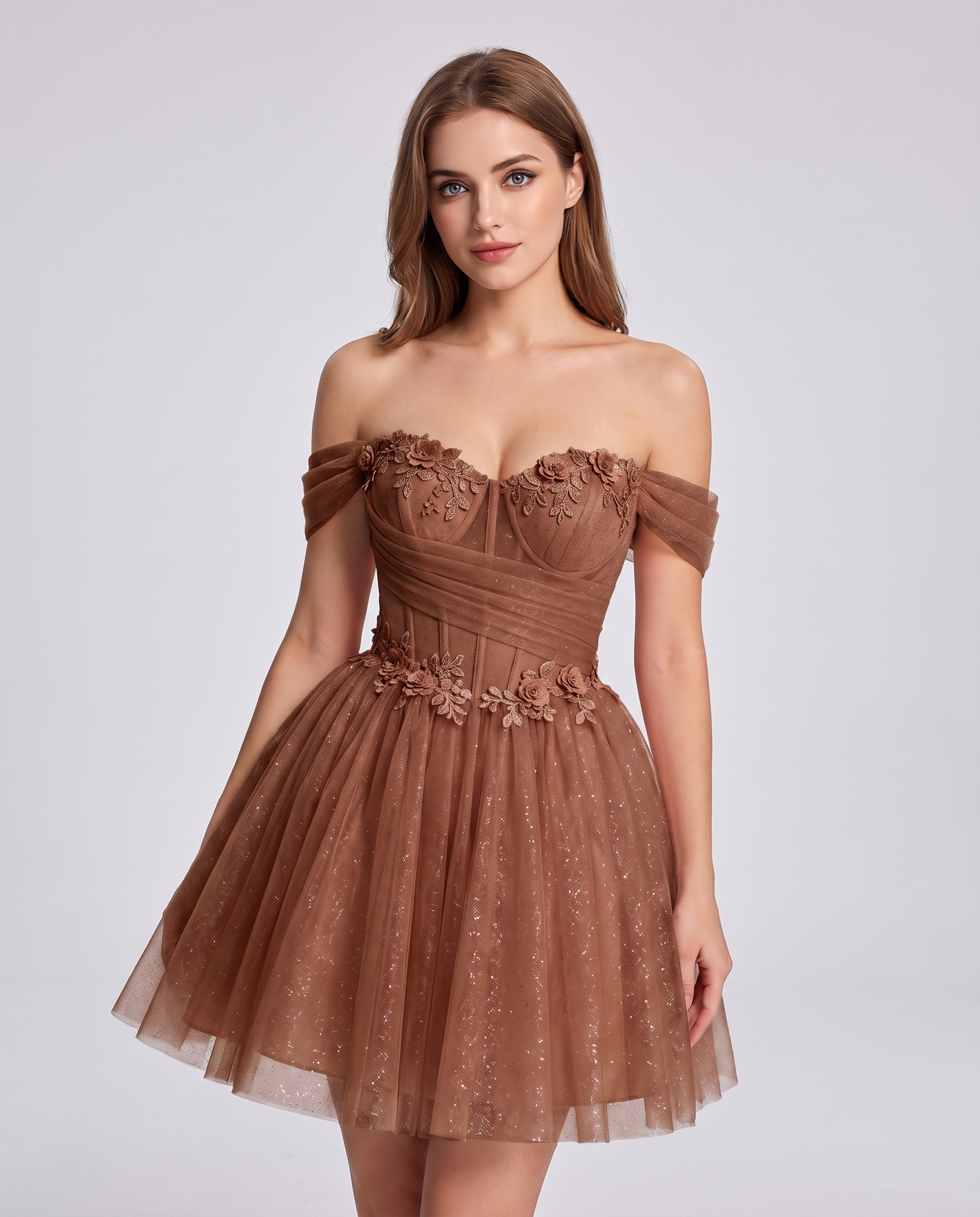 Glitter Tulle Off-the-Shoulder Sweetheart A-Line Mini Dress with Floral Appliqués for Prom, Party, Cocktail, Evening & Weddin