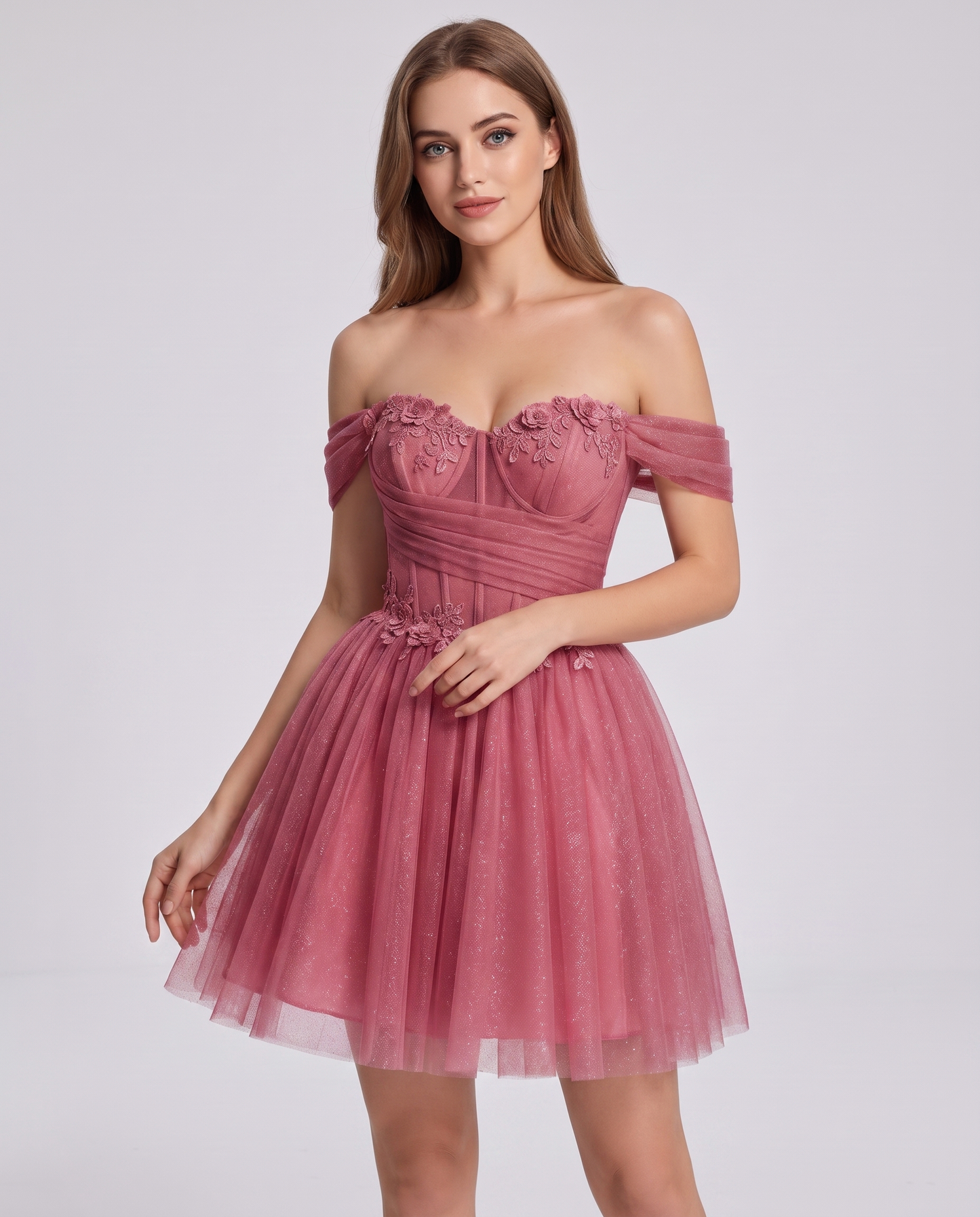 Glitter Tulle Off-the-Shoulder Sweetheart A-Line Mini Dress with Floral Appliqués for Prom, Party, Cocktail, Evening & Weddin