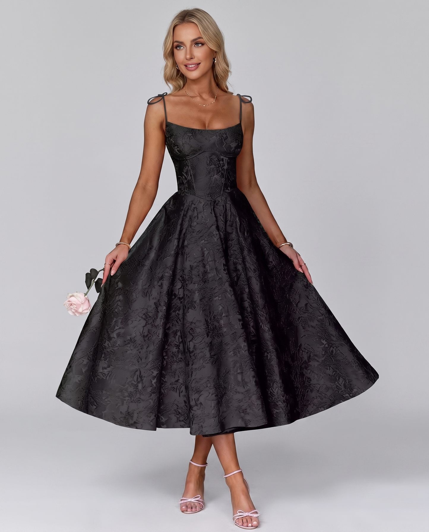 Floral Jacquard Satin Sleeveless Square Neck A-Line Midi Dress for Party, Cocktail, Evening, Wedding Guest, Prom & Summer Eve