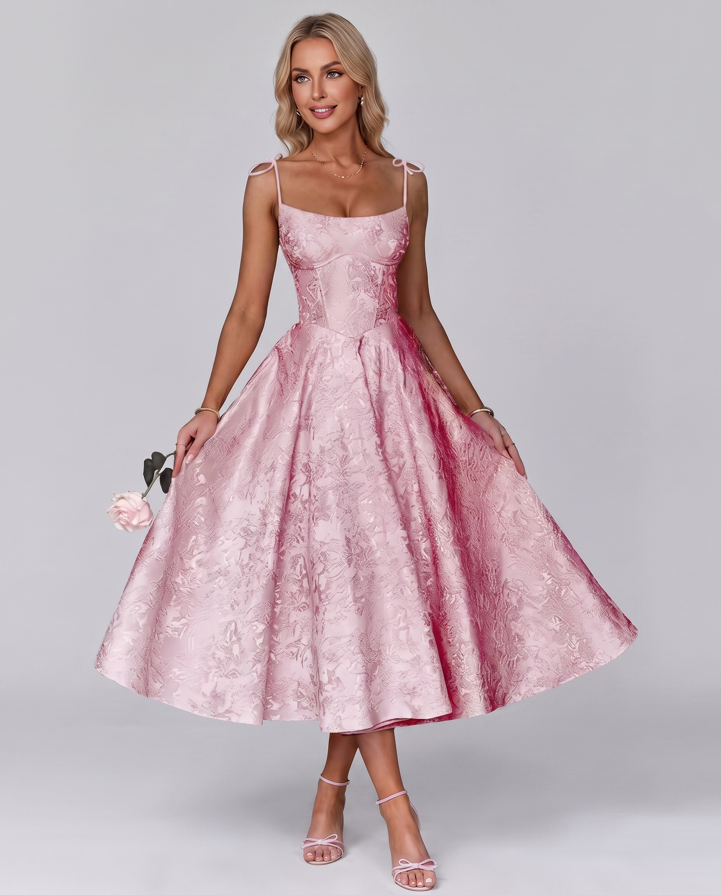 Floral Jacquard Satin Sleeveless Square Neck A-Line Midi Dress for Party, Cocktail, Evening, Wedding Guest, Prom & Summer Eve