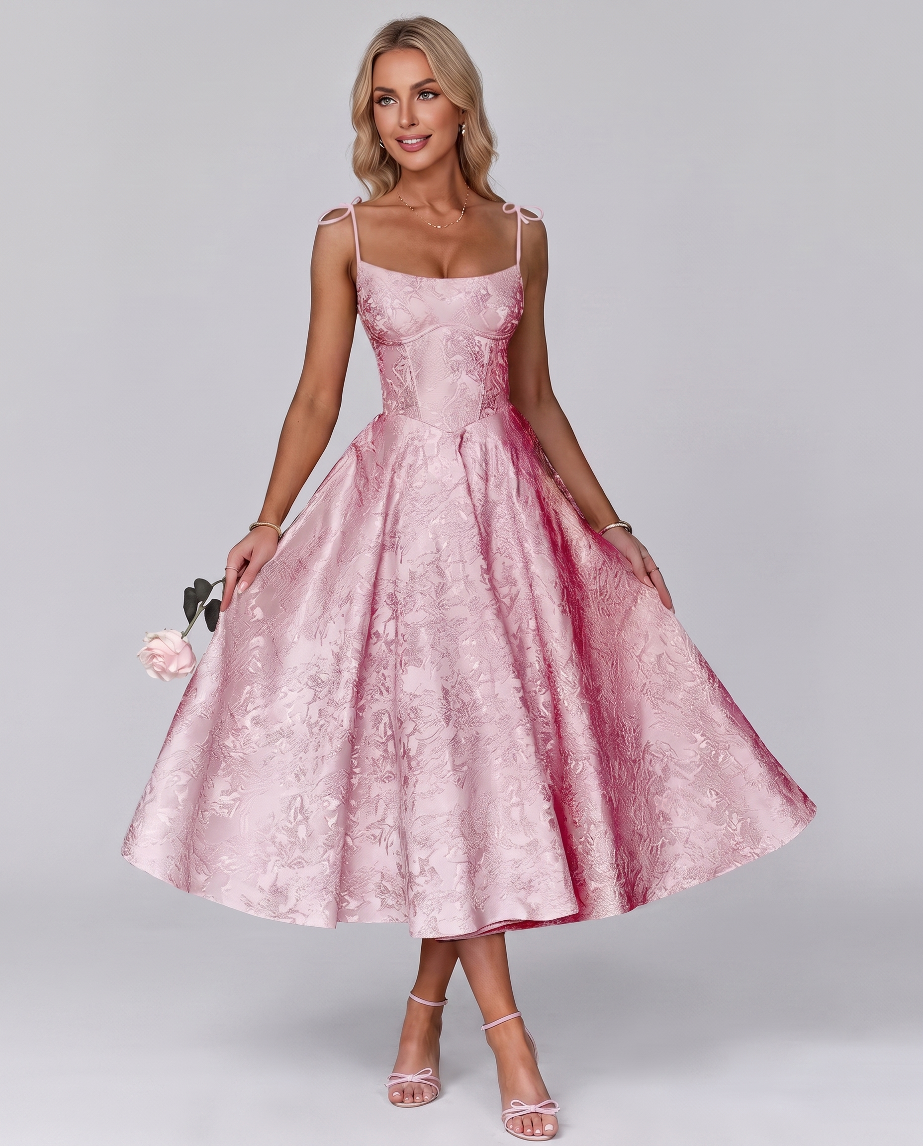 Floral Jacquard Satin Sleeveless Square Neck A-Line Midi Dress for Party, Cocktail, Evening, Wedding Guest, Prom & Summer Eve