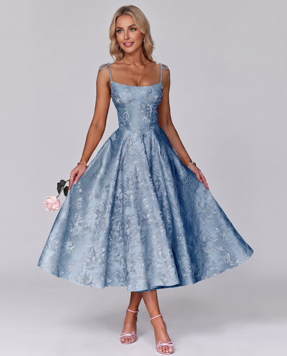 Floral Jacquard Satin Sleeveless Square Neck A-Line Midi Dress for Party, Cocktail, Evening, Wedding Guest, Prom & Summer Eve