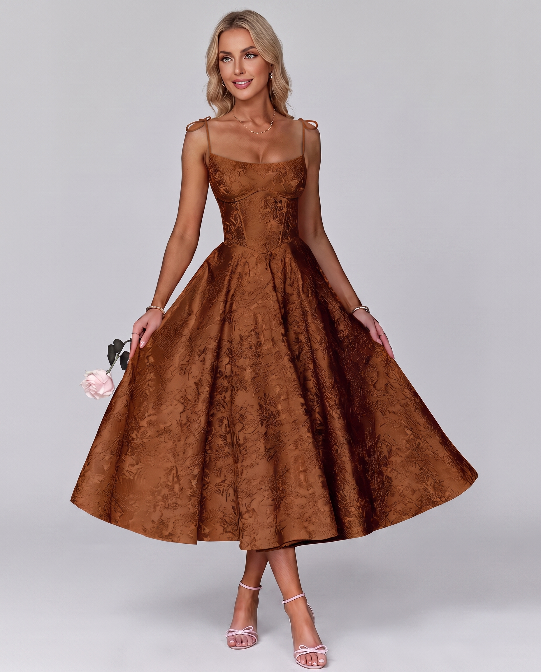 Floral Jacquard Satin Sleeveless Square Neck A-Line Midi Dress for Party, Cocktail, Evening, Wedding Guest, Prom & Summer Eve