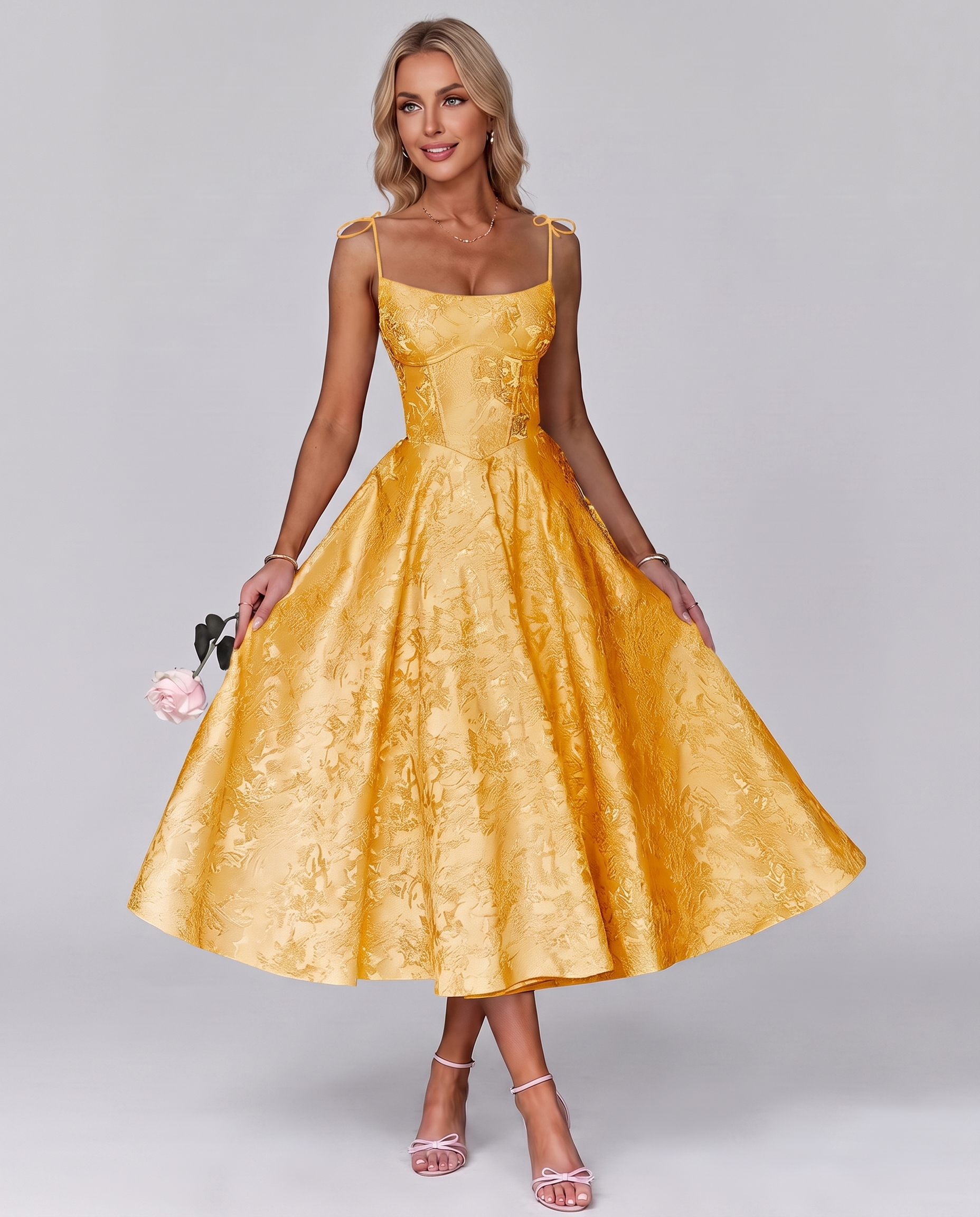 Floral Jacquard Satin Sleeveless Square Neck A-Line Midi Dress for Party, Cocktail, Evening, Wedding Guest, Prom & Summer Eve
