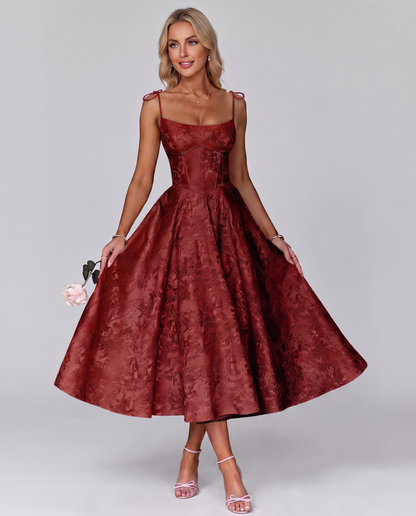 Floral Jacquard Satin Sleeveless Square Neck A-Line Midi Dress for Party, Cocktail, Evening, Wedding Guest, Prom & Summer Eve