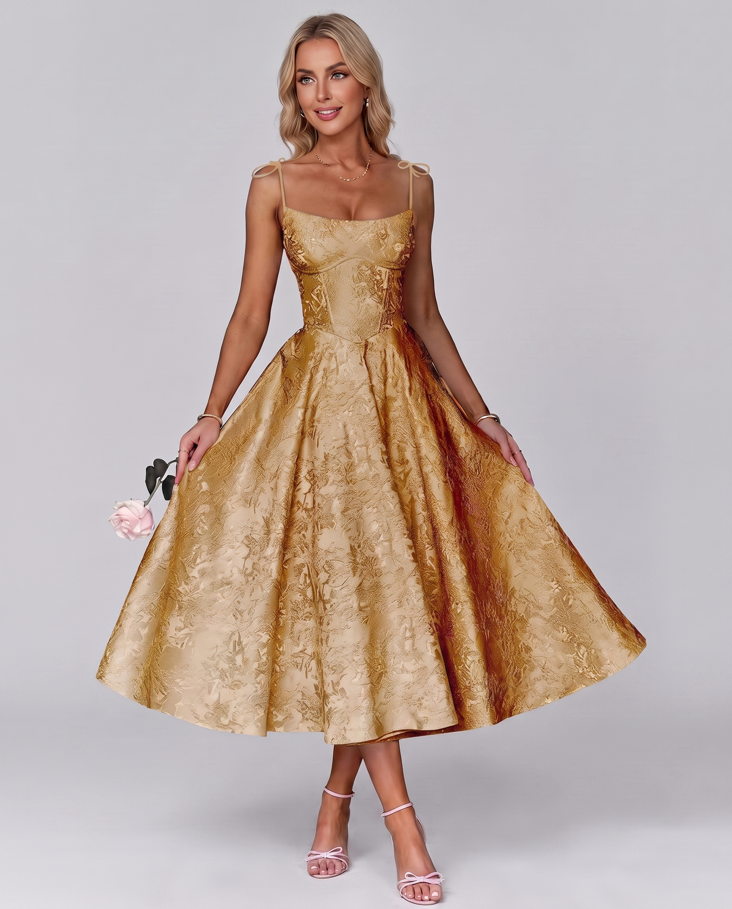 Floral Jacquard Satin Sleeveless Square Neck A-Line Midi Dress for Party, Cocktail, Evening, Wedding Guest, Prom & Summer Eve