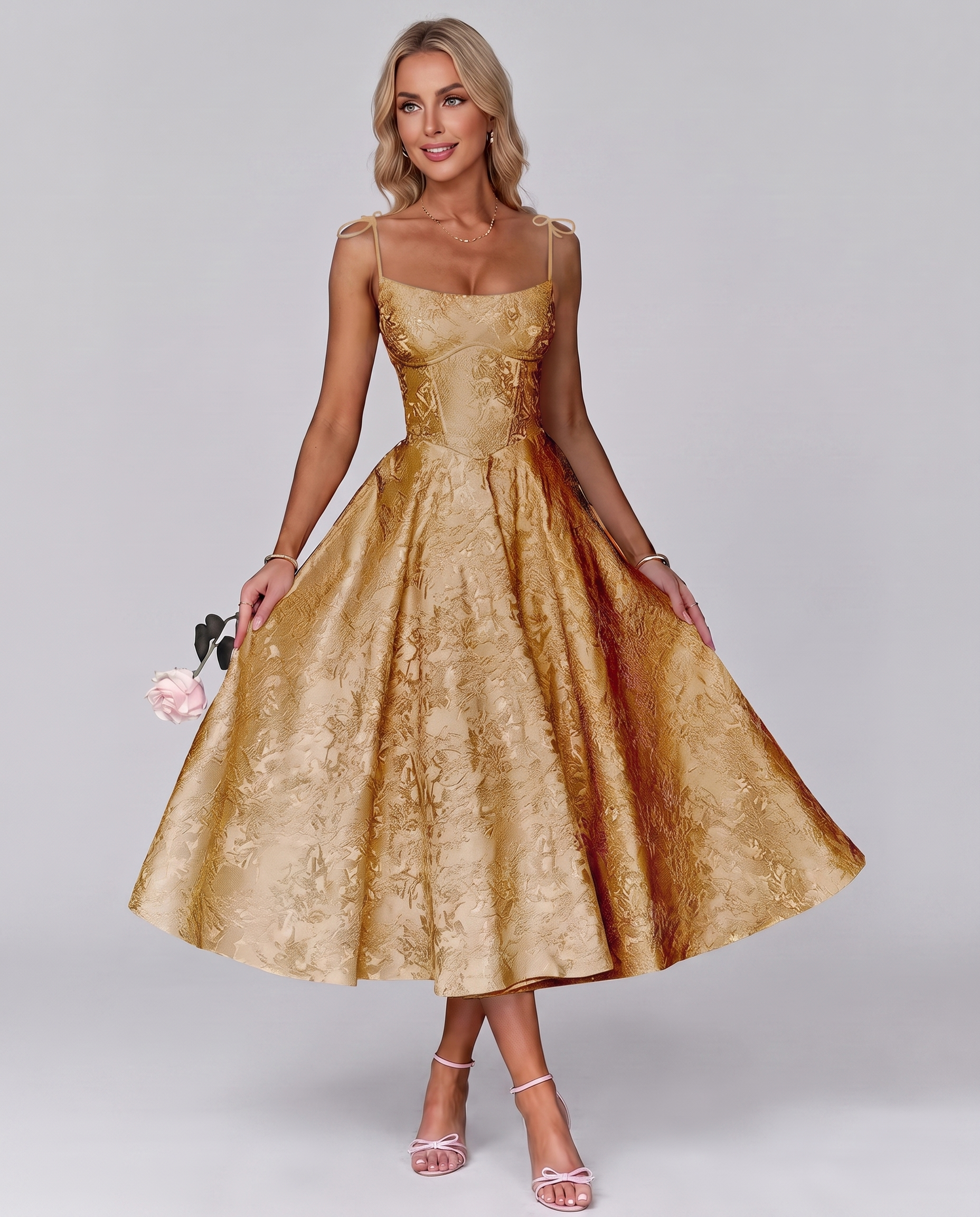 Floral Jacquard Satin Sleeveless Square Neck A-Line Midi Dress for Party, Cocktail, Evening, Wedding Guest, Prom & Summer Eve