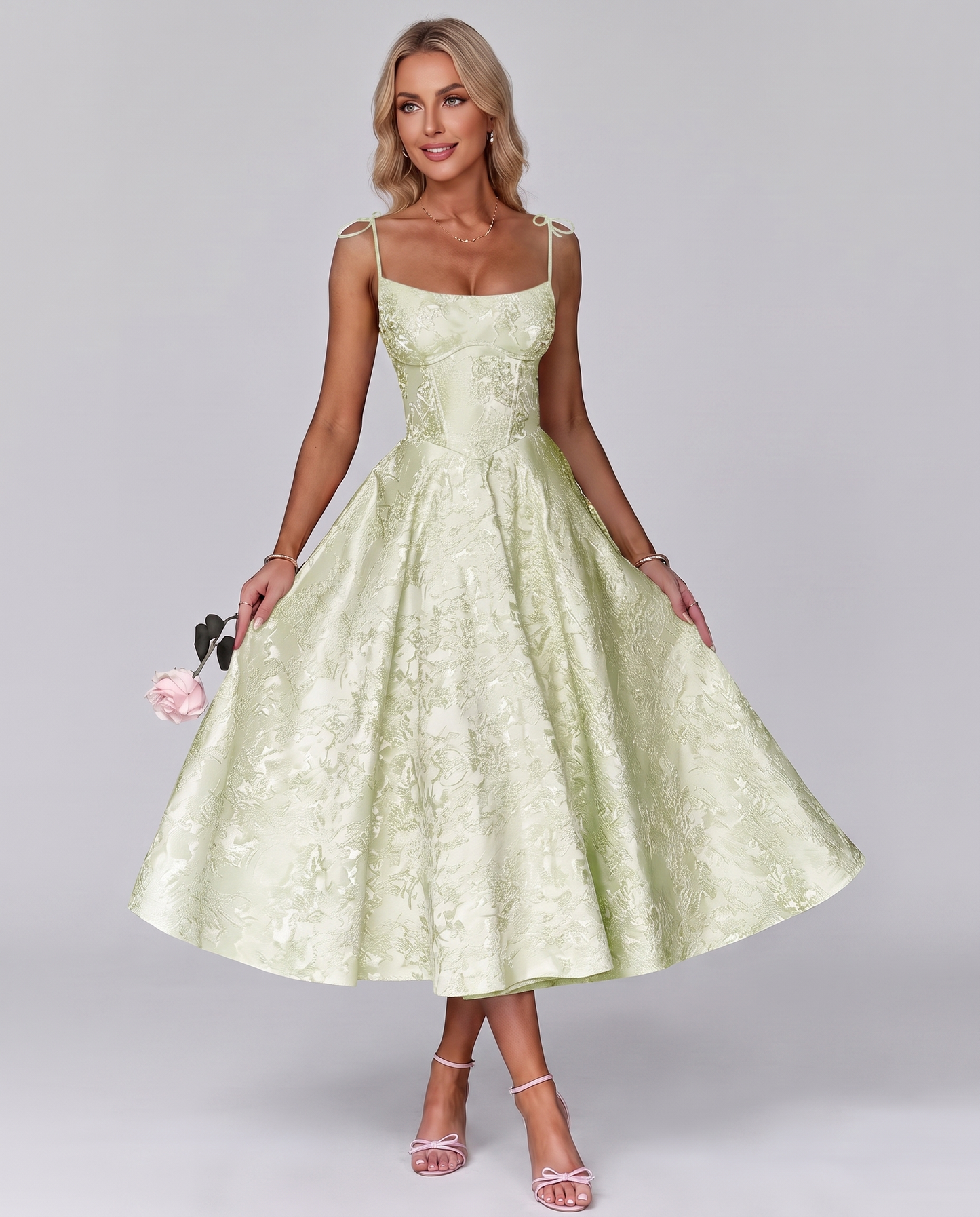 Floral Jacquard Satin Sleeveless Square Neck A-Line Midi Dress for Party, Cocktail, Evening, Wedding Guest, Prom & Summer Eve