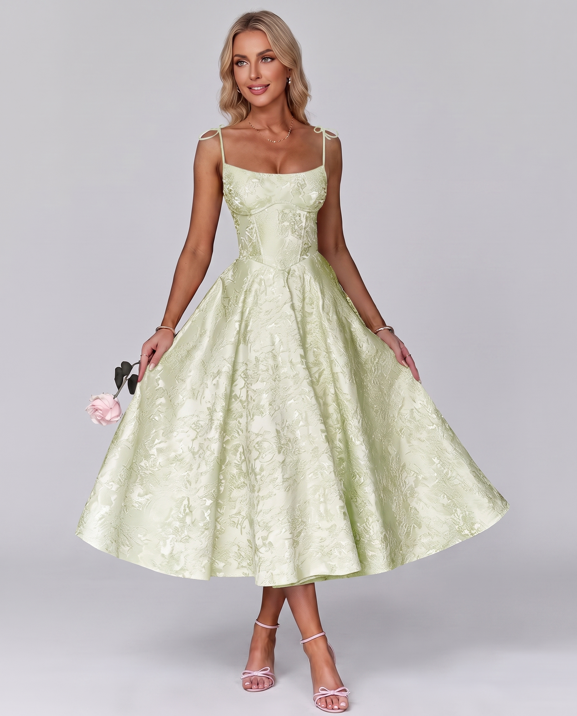 Floral Jacquard Satin Sleeveless Square Neck A-Line Midi Dress for Party, Cocktail, Evening, Wedding Guest, Prom & Summer Eve