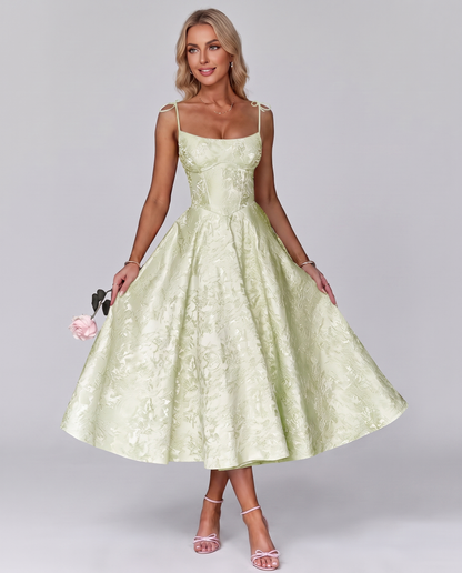 Floral Jacquard Satin Sleeveless Square Neck A-Line Midi Dress for Party, Cocktail, Evening, Wedding Guest, Prom & Summer Eve