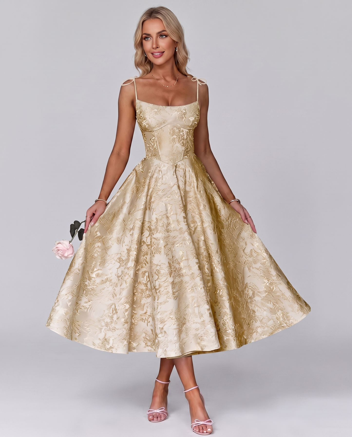 Floral Jacquard Satin Sleeveless Square Neck A-Line Midi Dress for Party, Cocktail, Evening, Wedding Guest, Prom & Summer Eve