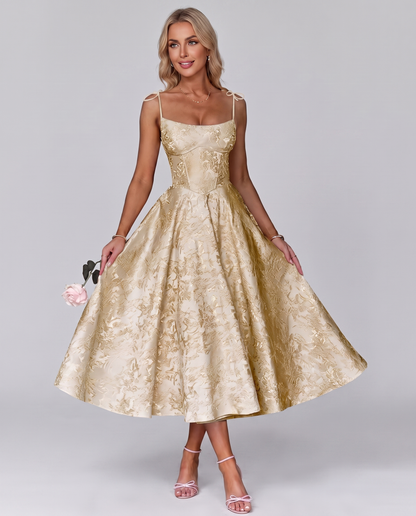 Floral Jacquard Satin Sleeveless Square Neck A-Line Midi Dress for Party, Cocktail, Evening, Wedding Guest, Prom & Summer Eve