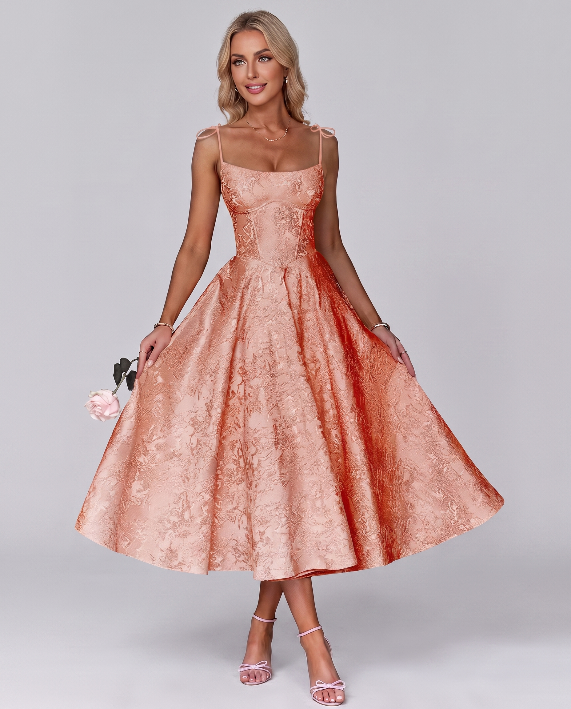Floral Jacquard Satin Sleeveless Square Neck A-Line Midi Dress for Party, Cocktail, Evening, Wedding Guest, Prom & Summer Eve