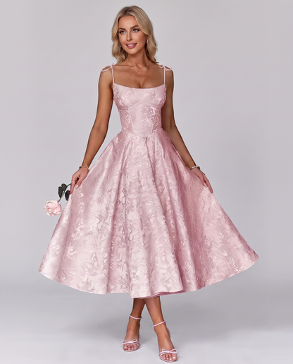 Floral Jacquard Satin Sleeveless Square Neck A-Line Midi Dress for Party, Cocktail, Evening, Wedding Guest, Prom & Summer Eve