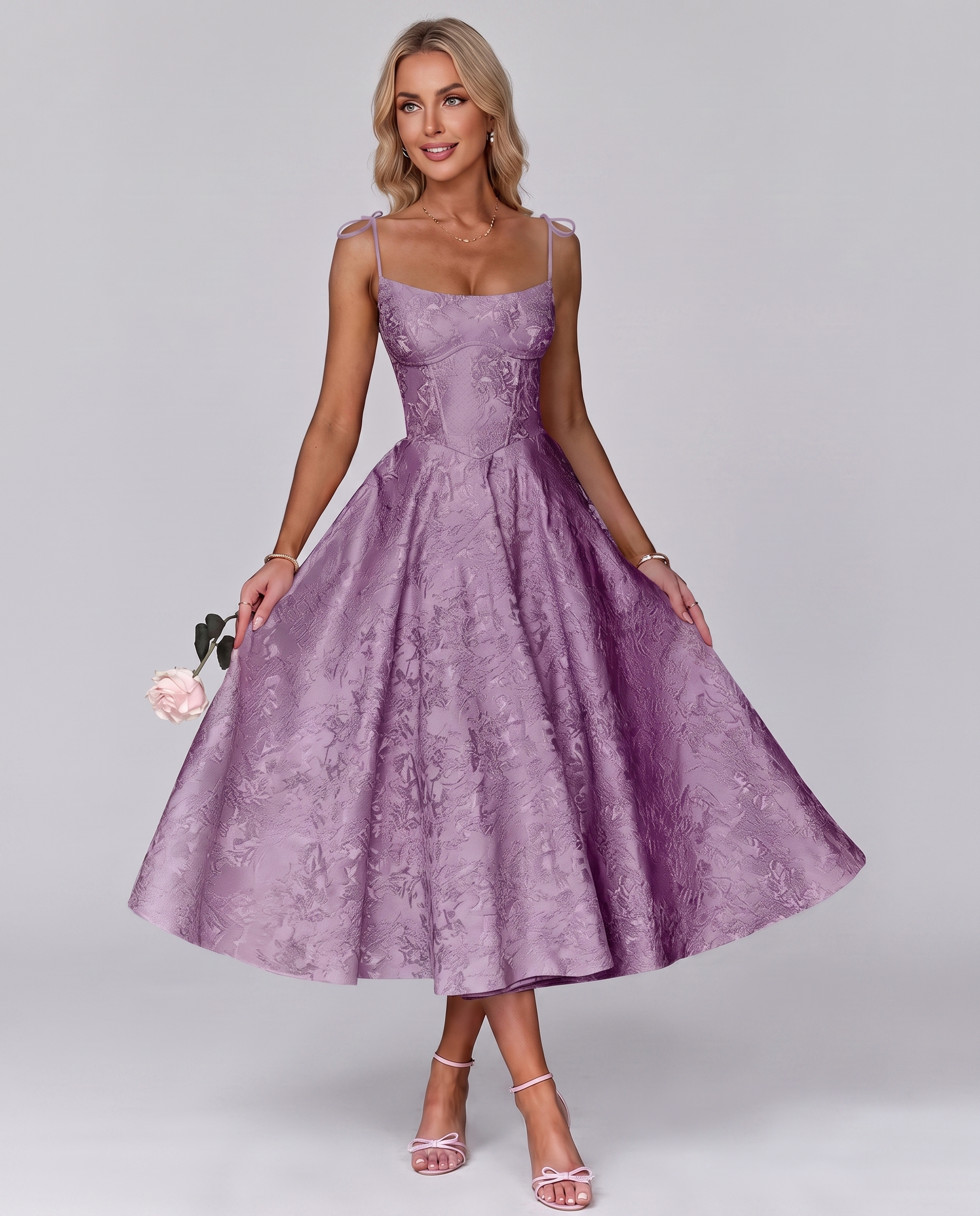 Floral Jacquard Satin Sleeveless Square Neck A-Line Midi Dress for Party, Cocktail, Evening, Wedding Guest, Prom & Summer Eve