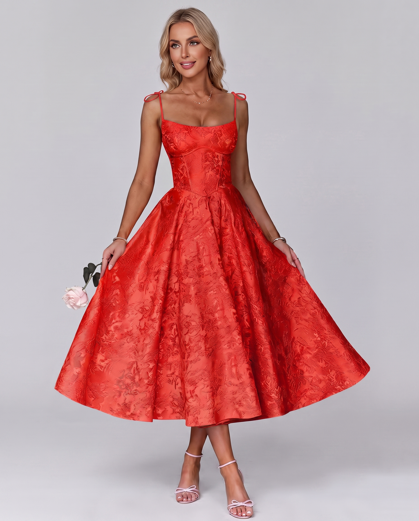 Floral Jacquard Satin Sleeveless Square Neck A-Line Midi Dress for Party, Cocktail, Evening, Wedding Guest, Prom & Summer Eve