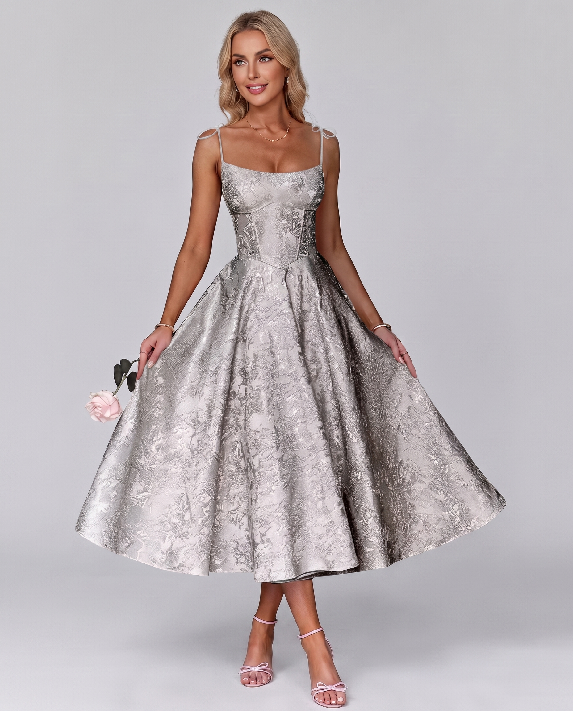 Floral Jacquard Satin Sleeveless Square Neck A-Line Midi Dress for Party, Cocktail, Evening, Wedding Guest, Prom & Summer Eve
