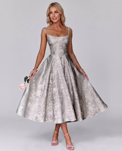 Floral Jacquard Satin Sleeveless Square Neck A-Line Midi Dress for Party, Cocktail, Evening, Wedding Guest, Prom & Summer Eve
