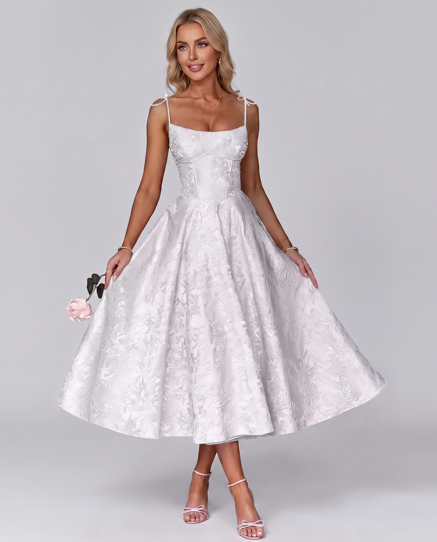 Floral Jacquard Satin Sleeveless Square Neck A-Line Midi Dress for Party, Cocktail, Evening, Wedding Guest, Prom & Summer Eve