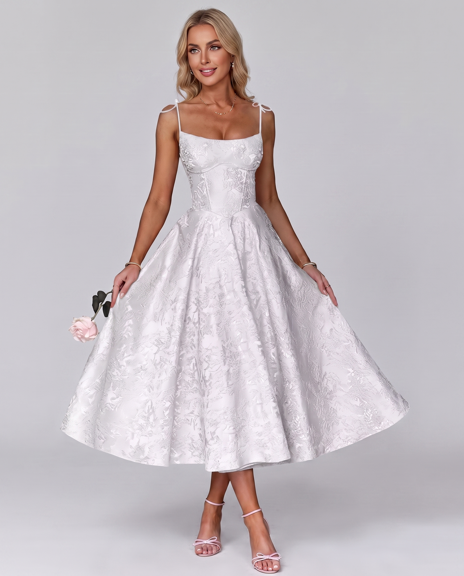 Floral Jacquard Satin Sleeveless Square Neck A-Line Midi Dress for Party, Cocktail, Evening, Wedding Guest, Prom & Summer Eve