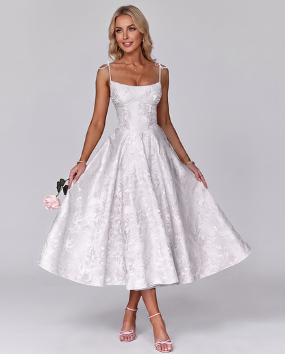 Floral Jacquard Satin Sleeveless Square Neck A-Line Midi Dress for Party, Cocktail, Evening, Wedding Guest, Prom & Summer Eve