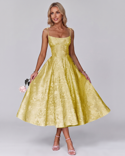 Floral Jacquard Satin Sleeveless Square Neck A-Line Midi Dress for Party, Cocktail, Evening, Wedding Guest, Prom & Summer Eve