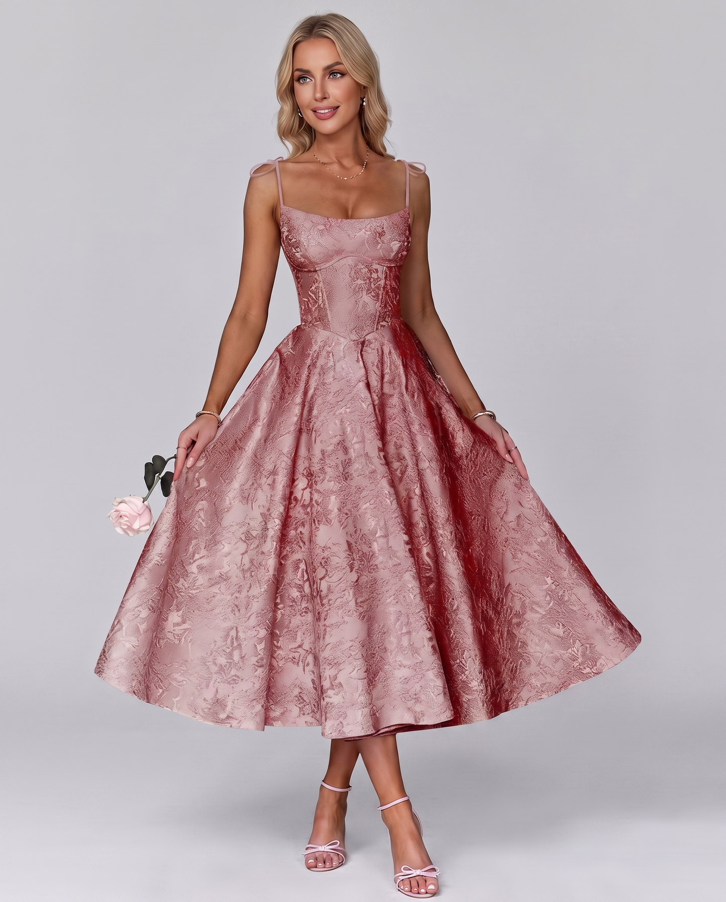 Floral Jacquard Satin Sleeveless Square Neck A-Line Midi Dress for Party, Cocktail, Evening, Wedding Guest, Prom & Summer Eve