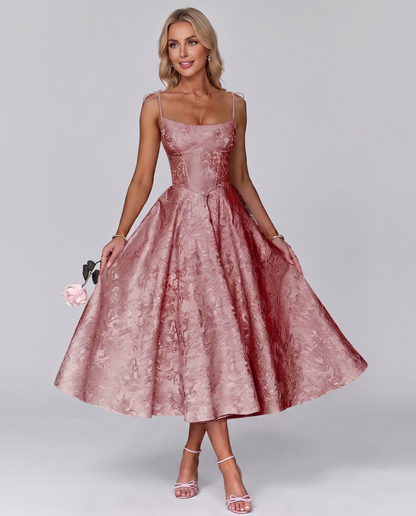 Floral Jacquard Satin Sleeveless Square Neck A-Line Midi Dress for Party, Cocktail, Evening, Wedding Guest, Prom & Summer Eve