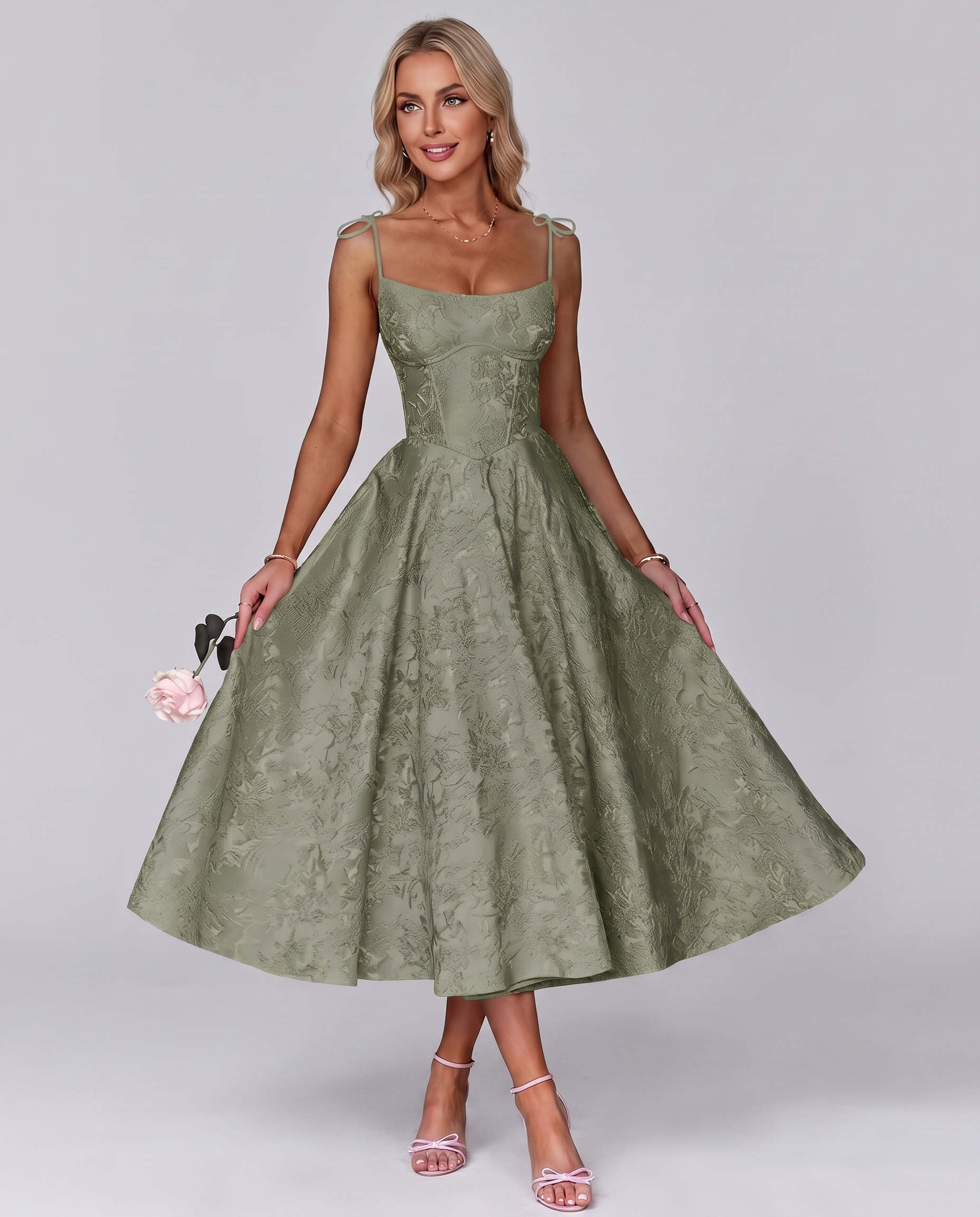 Floral Jacquard Satin Sleeveless Square Neck A-Line Midi Dress for Party, Cocktail, Evening, Wedding Guest, Prom & Summer Eve