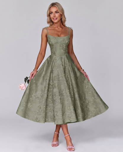 Floral Jacquard Satin Sleeveless Square Neck A-Line Midi Dress for Party, Cocktail, Evening, Wedding Guest, Prom & Summer Eve