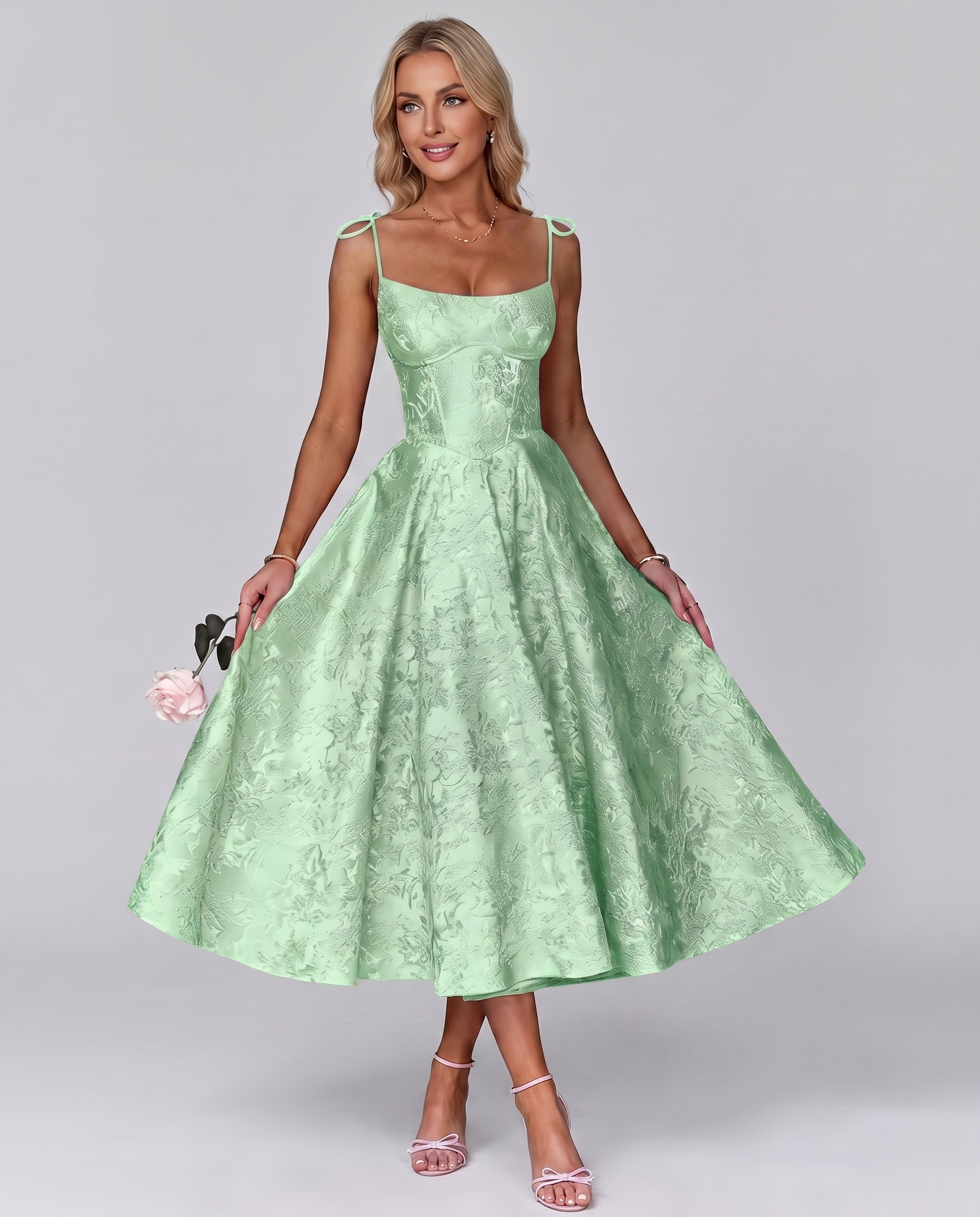 Floral Jacquard Satin Sleeveless Square Neck A-Line Midi Dress for Party, Cocktail, Evening, Wedding Guest, Prom & Summer Eve