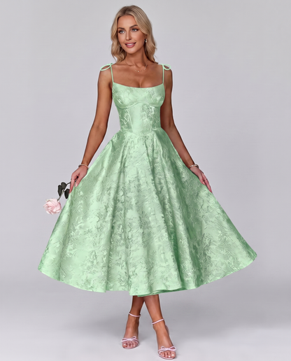 Floral Jacquard Satin Sleeveless Square Neck A-Line Midi Dress for Party, Cocktail, Evening, Wedding Guest, Prom & Summer Eve