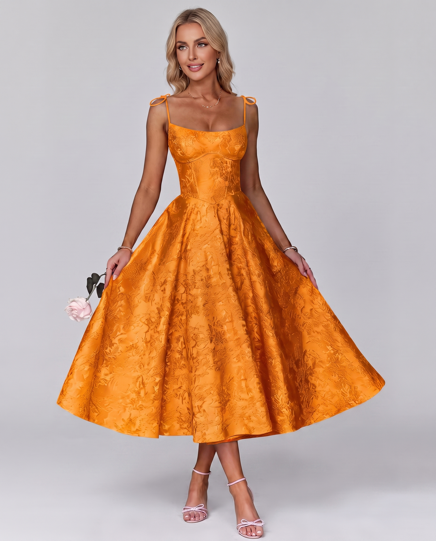 Floral Jacquard Satin Sleeveless Square Neck A-Line Midi Dress for Party, Cocktail, Evening, Wedding Guest, Prom & Summer Eve