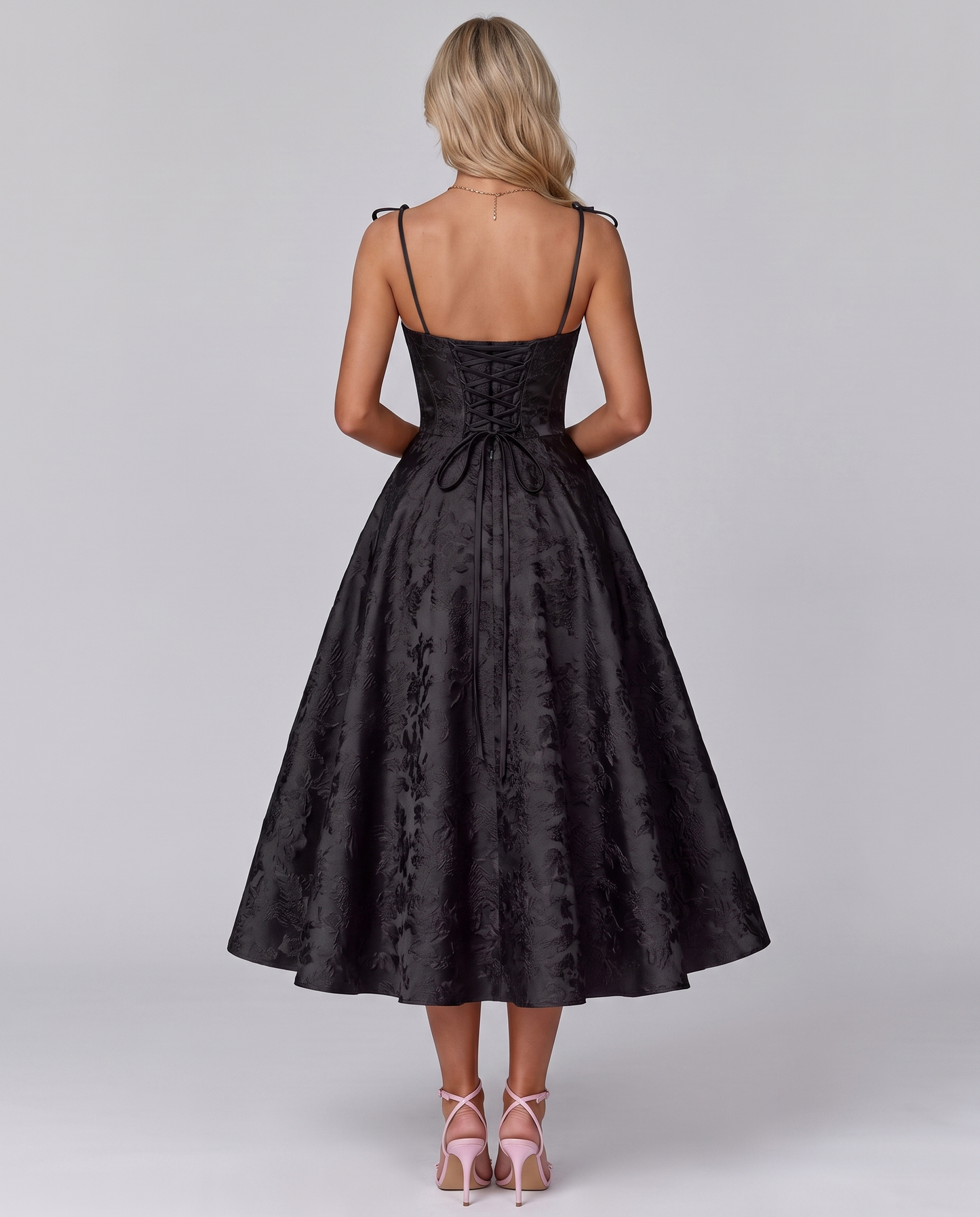 Floral Jacquard Satin Sleeveless Square Neck A-Line Midi Dress for Party, Cocktail, Evening, Wedding Guest, Prom & Summer Eve