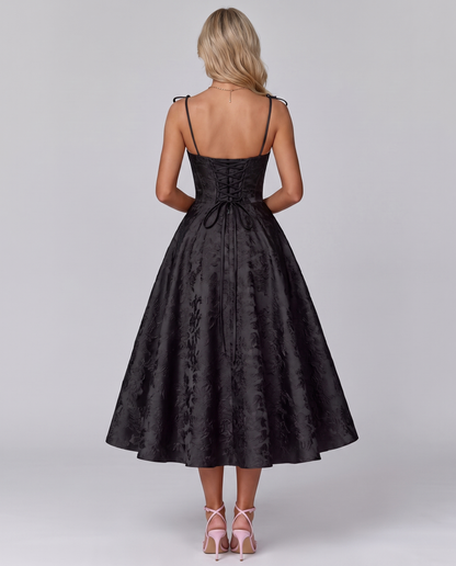 Floral Jacquard Satin Sleeveless Square Neck A-Line Midi Dress for Party, Cocktail, Evening, Wedding Guest, Prom & Summer Eve