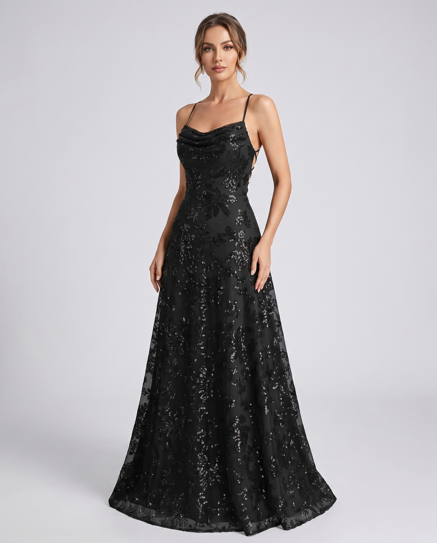 Black Sequined Lace Spaghetti Strap Cowl Neck A-Line Maxi Dress | Ramblion