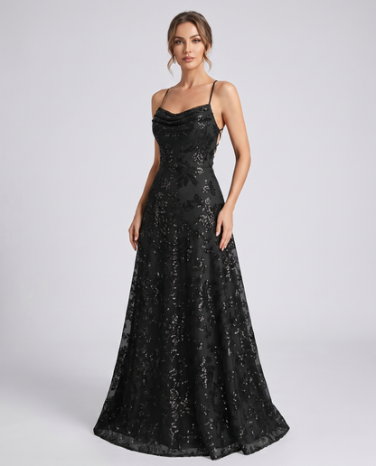 Black Sequined Lace Spaghetti Strap Cowl Neck A-Line Maxi Dress | Ramblion