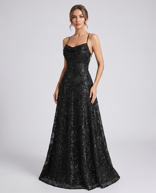 Black Sequined Lace Spaghetti Strap Cowl Neck A-Line Maxi Dress | Ramblion