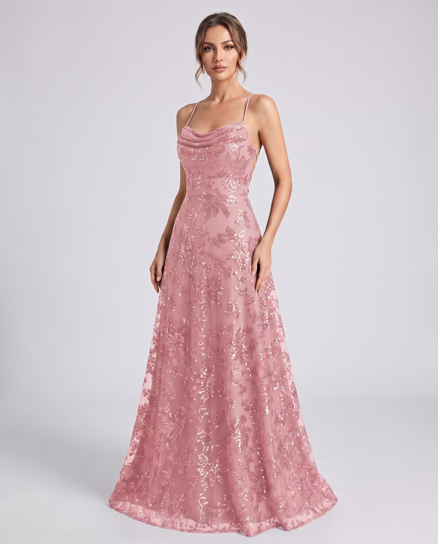 Blush Sequined Lace Spaghetti Strap Cowl Neck A-Line Maxi Dress | Ramblion