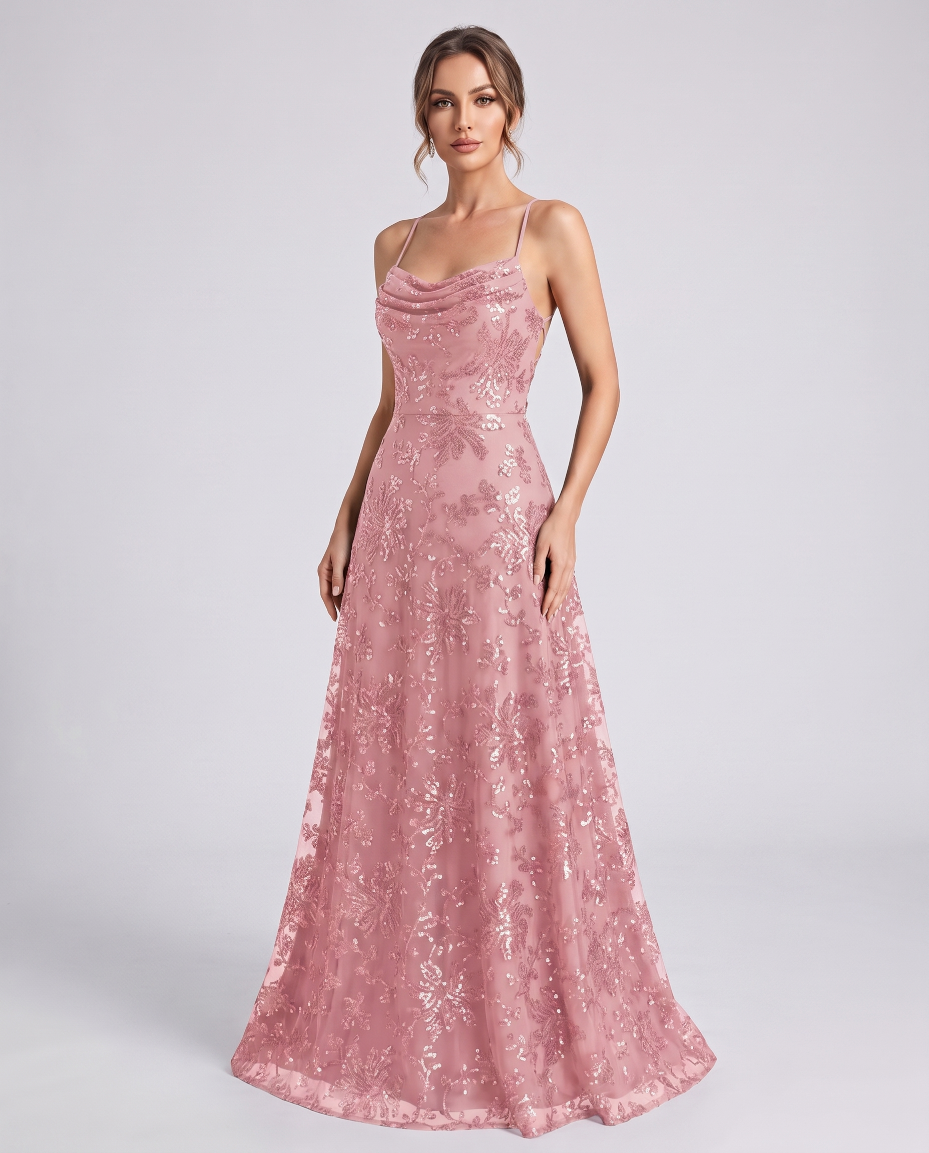 Blush Sequined Lace Spaghetti Strap Cowl Neck A-Line Maxi Dress | Ramblion
